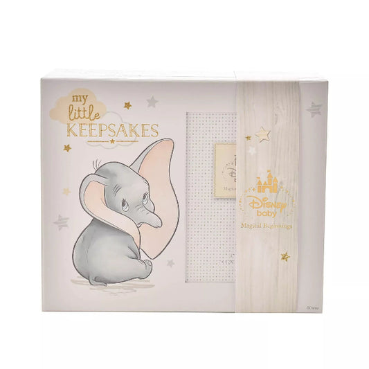 Disney baby album with Dumbo illustration and 'my little keepsakes' text on a white background.