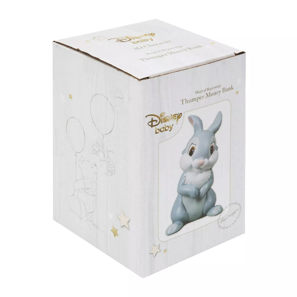 Box packaging of a Disney Thumper money bank with a rabbit figure on a white background