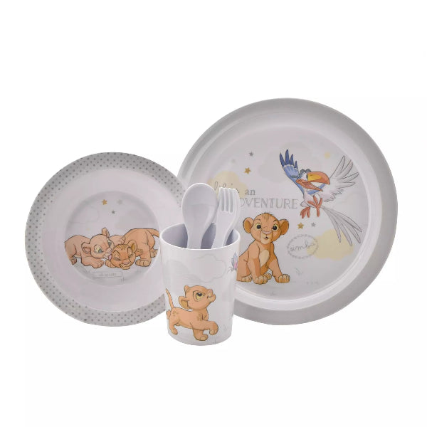 Children's dinner set with plates, cup, and utensils featuring Disney characters on a white background.