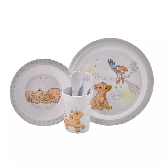 Children's dinner set with plates, cup, and utensils featuring Disney characters on a white background.