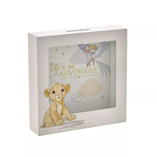 Children's money box with Simba from 'The Lion King' and 'Life is an Adventure' text.