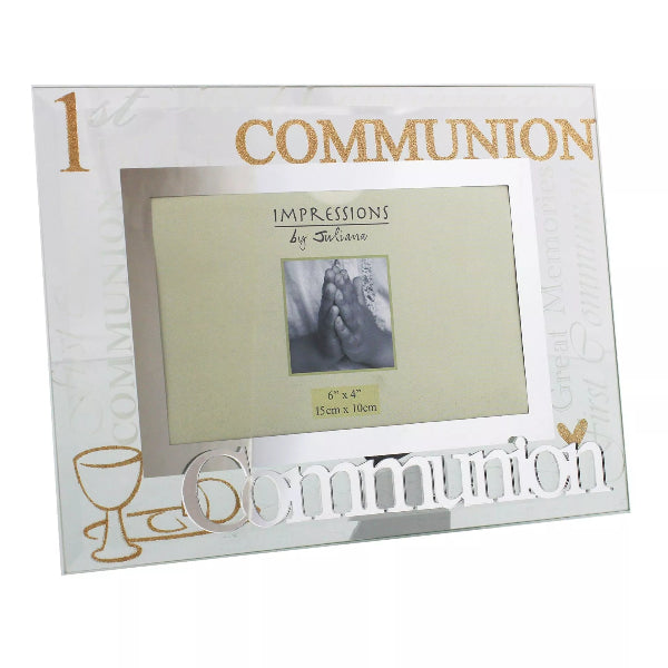 White photo frame with '1 Communion' text and a small photo of a baby's foot.