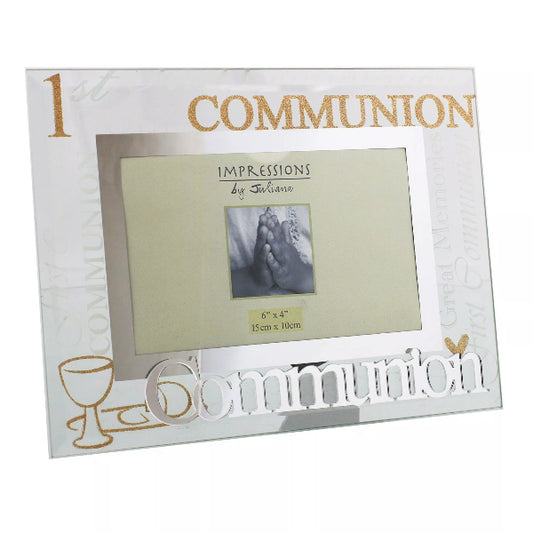 White photo frame with '1 Communion' text and a small photo of a baby's foot.