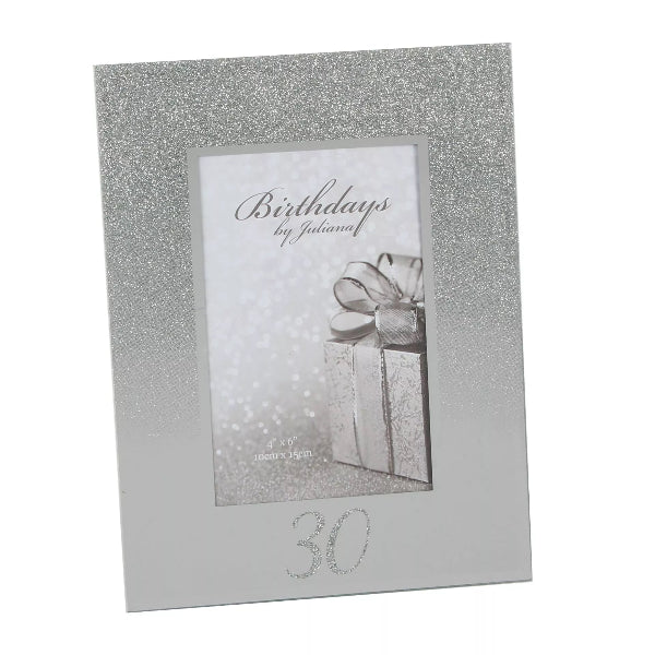 Silver glitter photo frame with a decorative card inside featuring a gift and text.