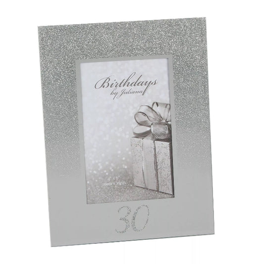 Silver glitter photo frame with a decorative card inside featuring a gift and text.