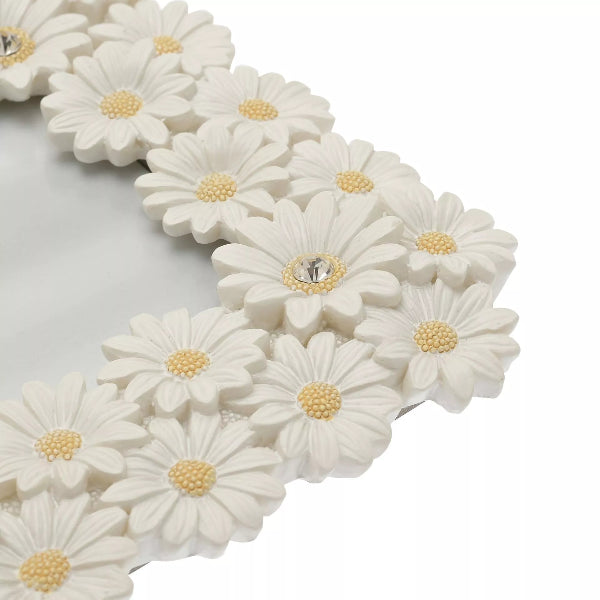White flowers with yellow centers arranged in a circular pattern on a white background