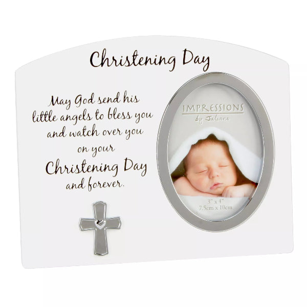 Decorative frame with a baby photo and Christening Day message on a white background