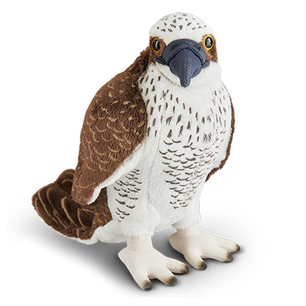 Plush toy falcon with brown and white feathers on a white background