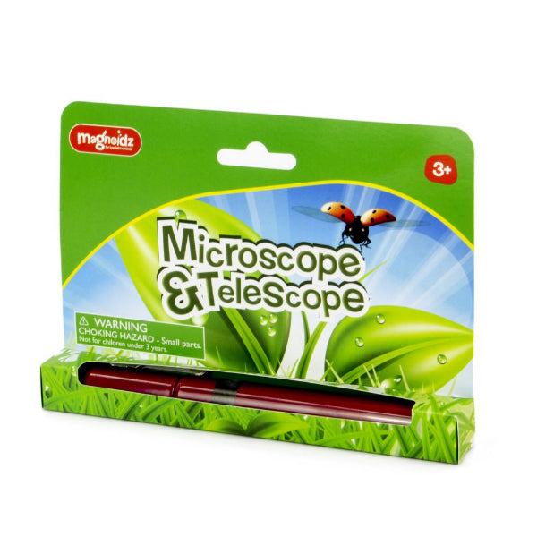 Mugenhdz microscope and telescope set packaging with green background and red handle.