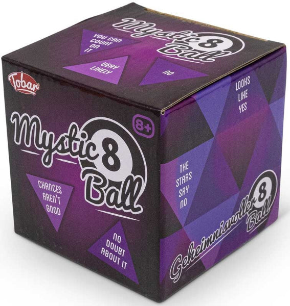 Box of 'Mystic 8 Ball' toy with geometric design and Tobler branding.