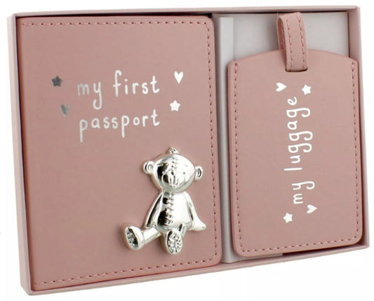 Pink 'my first passport' and 'my luggage' set with a silver teddy bear charm.