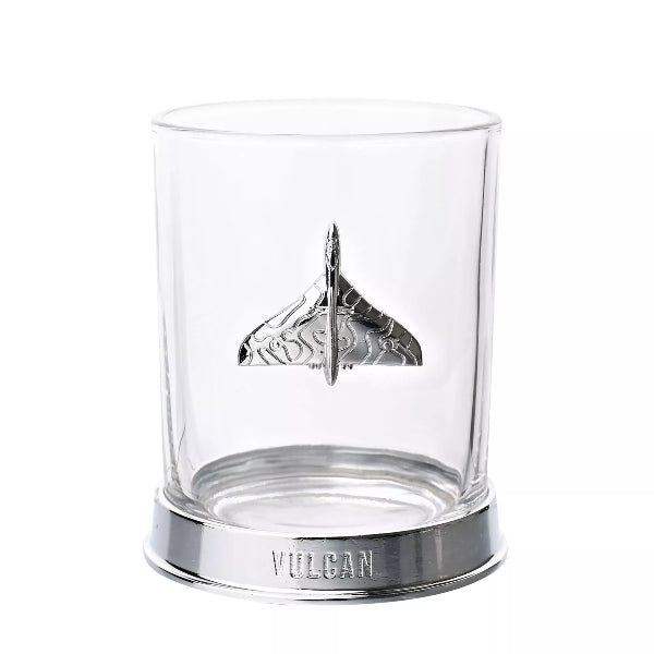 Clear glass with a silver airplane emblem and 'Vulcan' branding on a white background