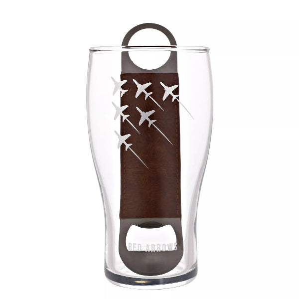 Clear glass with brown leather pull tab and airplane design on a white background