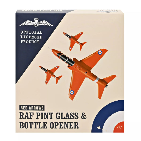 Box for RAF Red Arrows pint glass and bottle opener with airplane design.