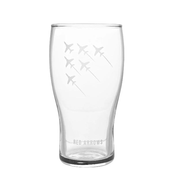 Clear glass with engraved airplane design and 'Red Arrows' text on a white background.