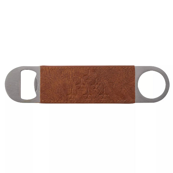 Brown leather bottle opener with metal accents on a white background