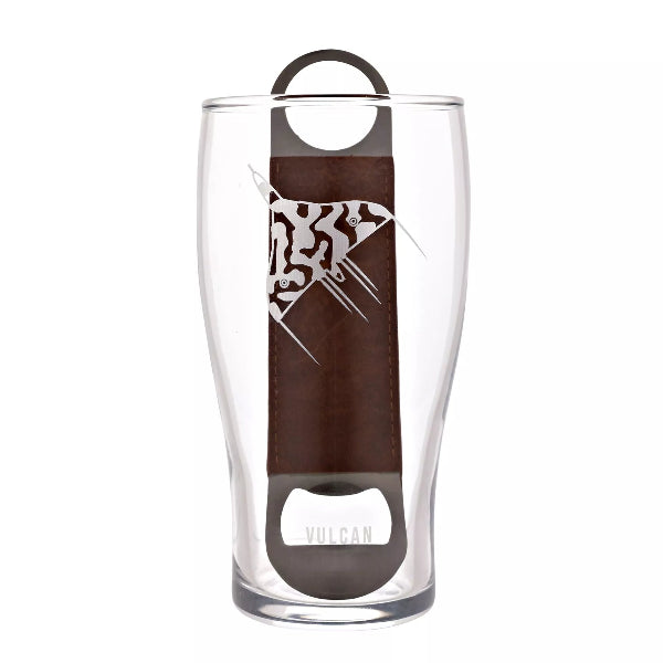 Clear glass with brown label featuring a logo and 'Vulcan' text on a white background
