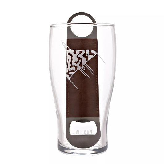 Clear glass with brown label featuring a logo and 'Vulcan' text on a white background