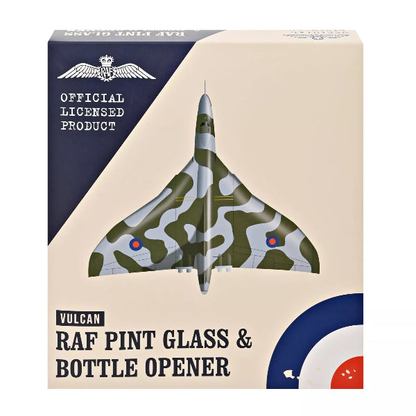 RAF-themed pint glass and bottle opener packaging with airplane design