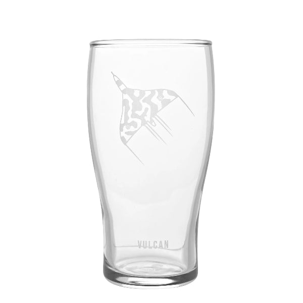 Clear glass with engraved design and 'Vulcan' branding on a white background