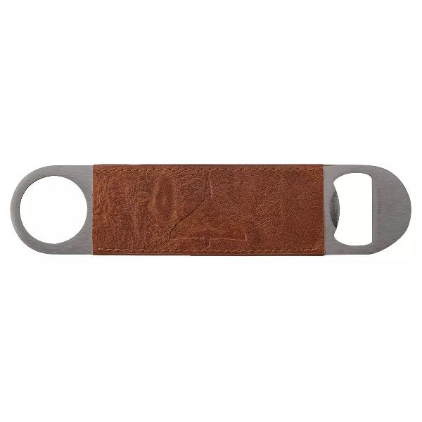 Brown leather corkscrew with metal accents on a white background