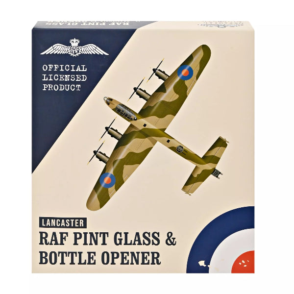 Box for RAF Lancaster pint glass and bottle opener with airplane design and RAF logo.