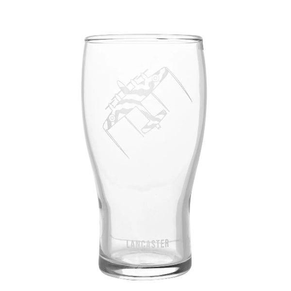Clear glass beer mug with embossed design on a white background