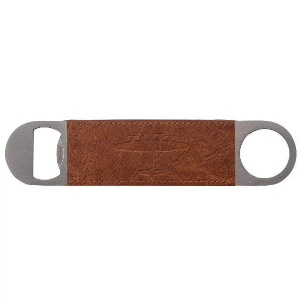 Brown leather bottle opener with silver metal ends on a white background