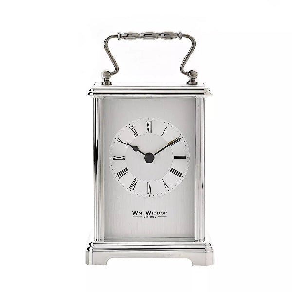 Silver carriage clock with white face and Roman numerals on a white background