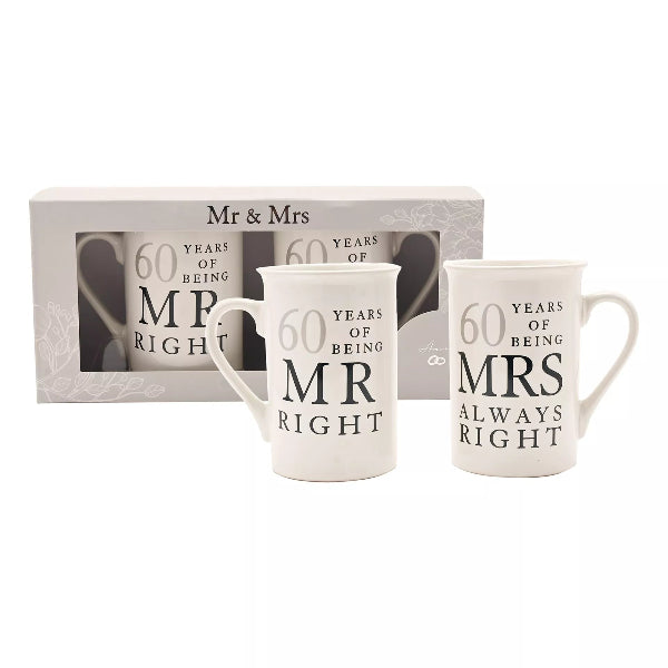 Two mugs with 'Mr Right' and 'Mrs Always Right' text in a decorative box on a white background