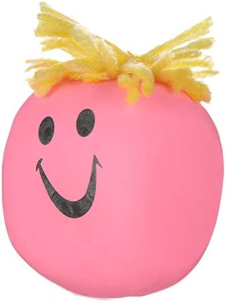 Pink ball with a smiley face and yellow hair on a white background