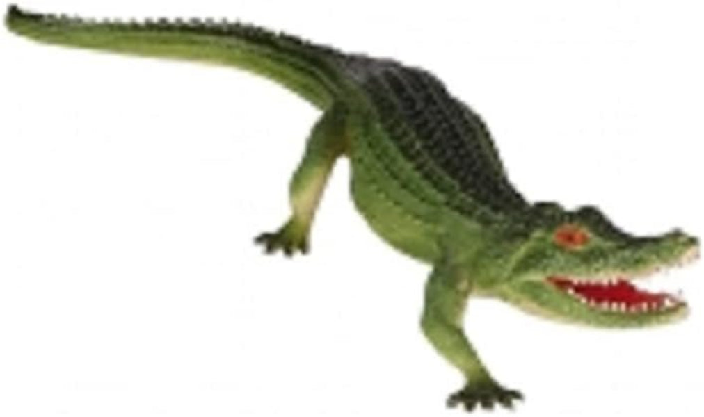 A green alligator toy or figurine with a dark textured back, red eyes, and an open mouth showing white teeth, isolated on a white background.