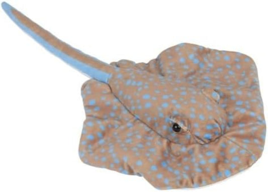A plush toy stingray with a tan body covered in light blue spots and a light blue tail, shown on a plain white background.