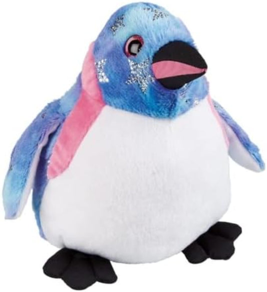Plush penguin toy with blue and pink colors on a white background