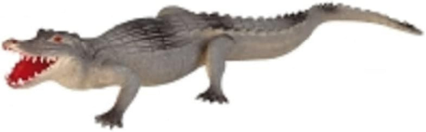 A toy alligator figurine with an open red mouth showing teeth, set against a plain white background.