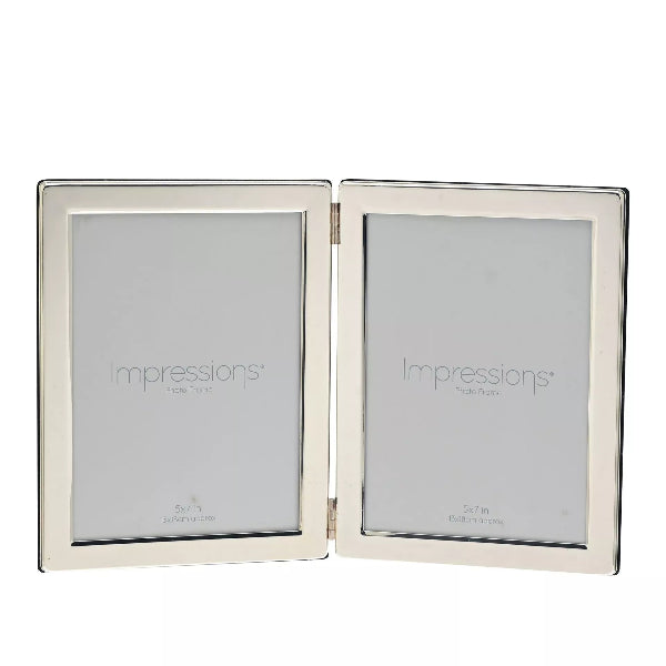 Silver double photo frame with 'Impressions' branding on a white background