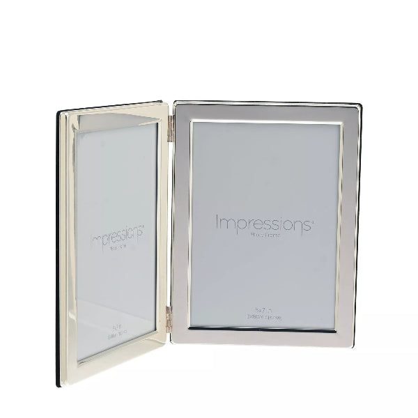 Silver double photo frame with 'impressions' branding on a white background