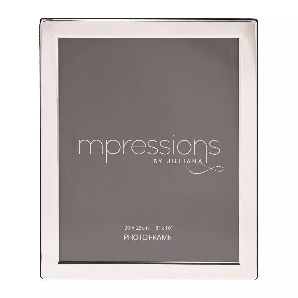 A square silver picture frame with a dark gray insert, featuring the text 'Impressions BY JULIANA' and '20 x 25cm | 8" x 10" PHOTO FRAME' printed on the insert.