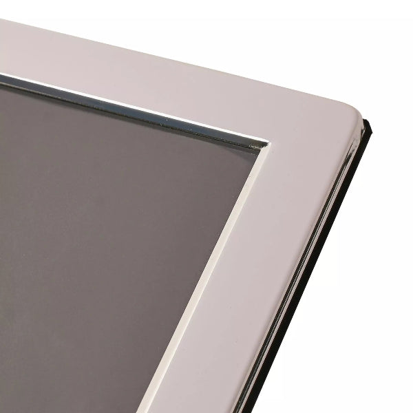 Close-up of a rectangular screen or panel with a light gray frame and dark reflective surface, shown against a white background.