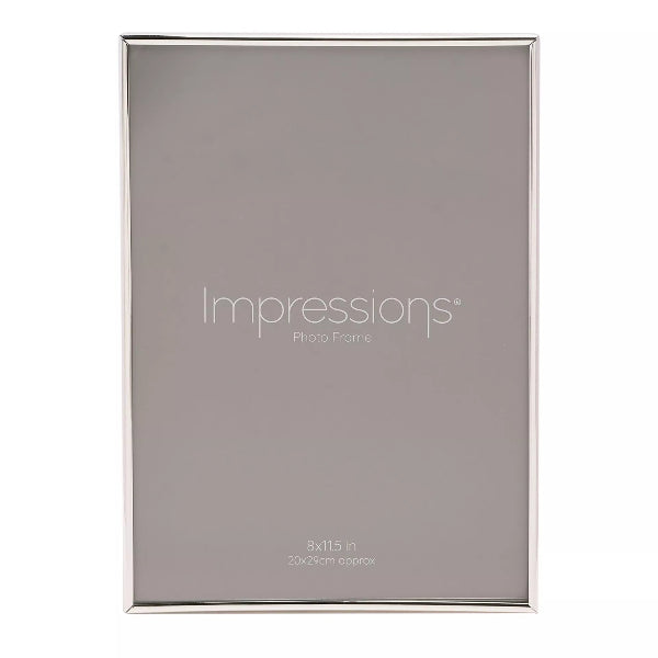 A silver metal photo frame with a brushed finish, featuring the brand name 'Impressions' printed in white on the front, set against a plain white background.