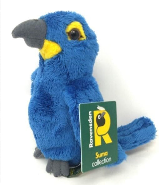Blue plush parrot toy with a Ravensden Suma Collection tag on a white background
