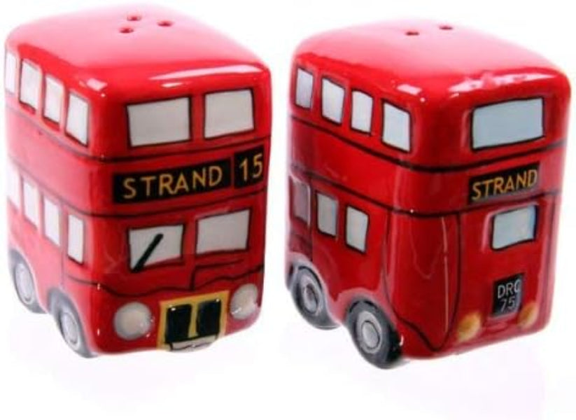 Two red double-decker bus-shaped salt and pepper shakers on a white background.