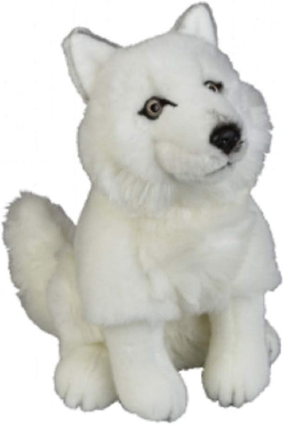 White stuffed wolf toy on a white background