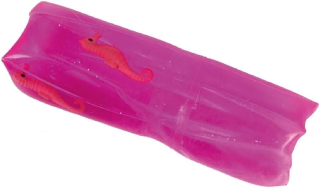 A translucent pink inflatable pool float with two small orange seahorse figures printed on the side, shown against a plain white background.