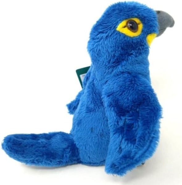 Blue plush parrot toy on a white background