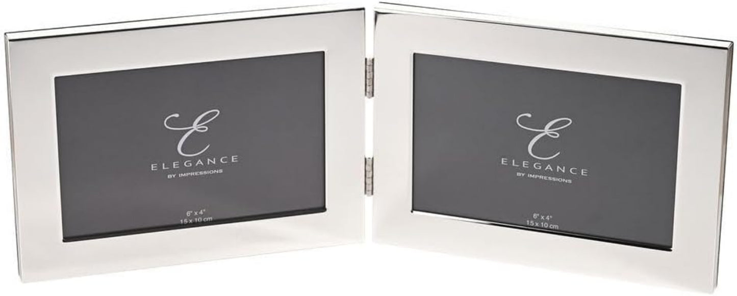 A silver-toned double picture frame shown open, with two dark photo inserts inside. The inserts display the logo and name 'Elegance by Appointment'.