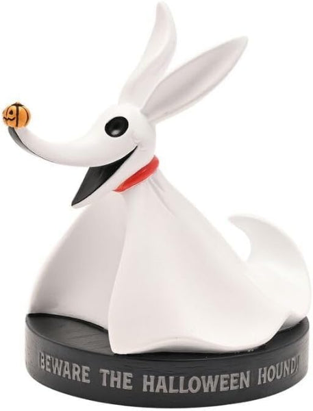 White dog figurine with a black collar and 'Beware the Halloween Hound' base on a white background