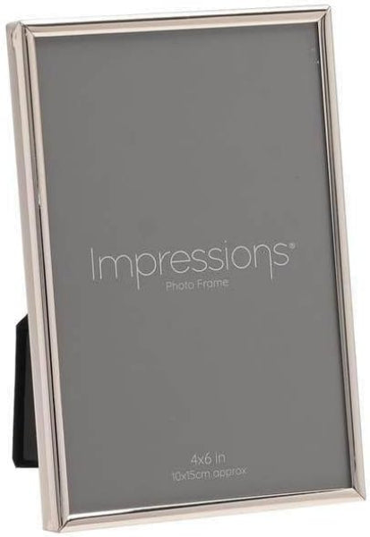 A silver-toned metal picture frame with a black display stand, shown standing upright against a white background. The frame is filled with a gray placeholder insert featuring the text 'Impressions Photo Frame' and size details.