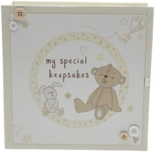 Children's memory book with teddy bear and rabbit illustration on a light background