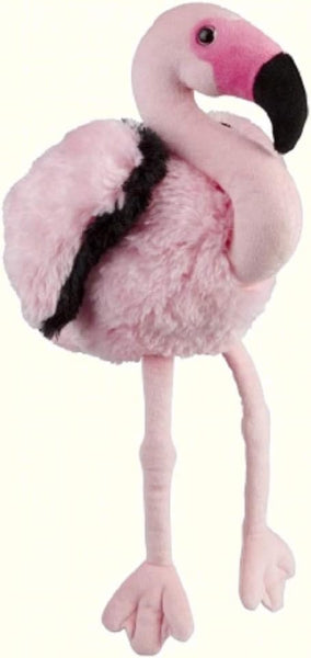 Plush flamingo toy on a white background